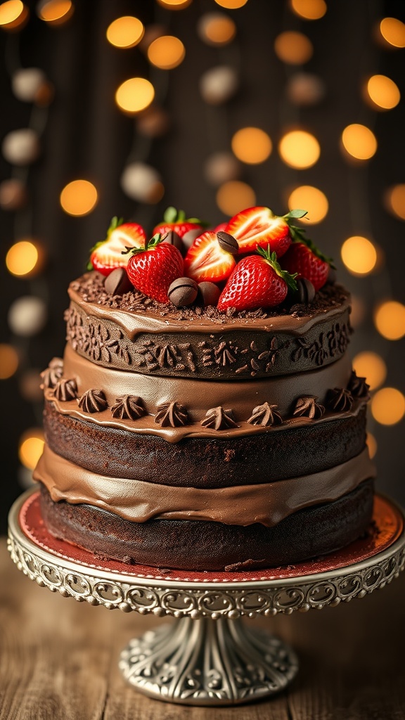 Decadent Chocolate Anniversary Cake Recipe A lavish chocolate anniversary cake with ganache, strawberries, and chocolate shavings on a decorative stand.